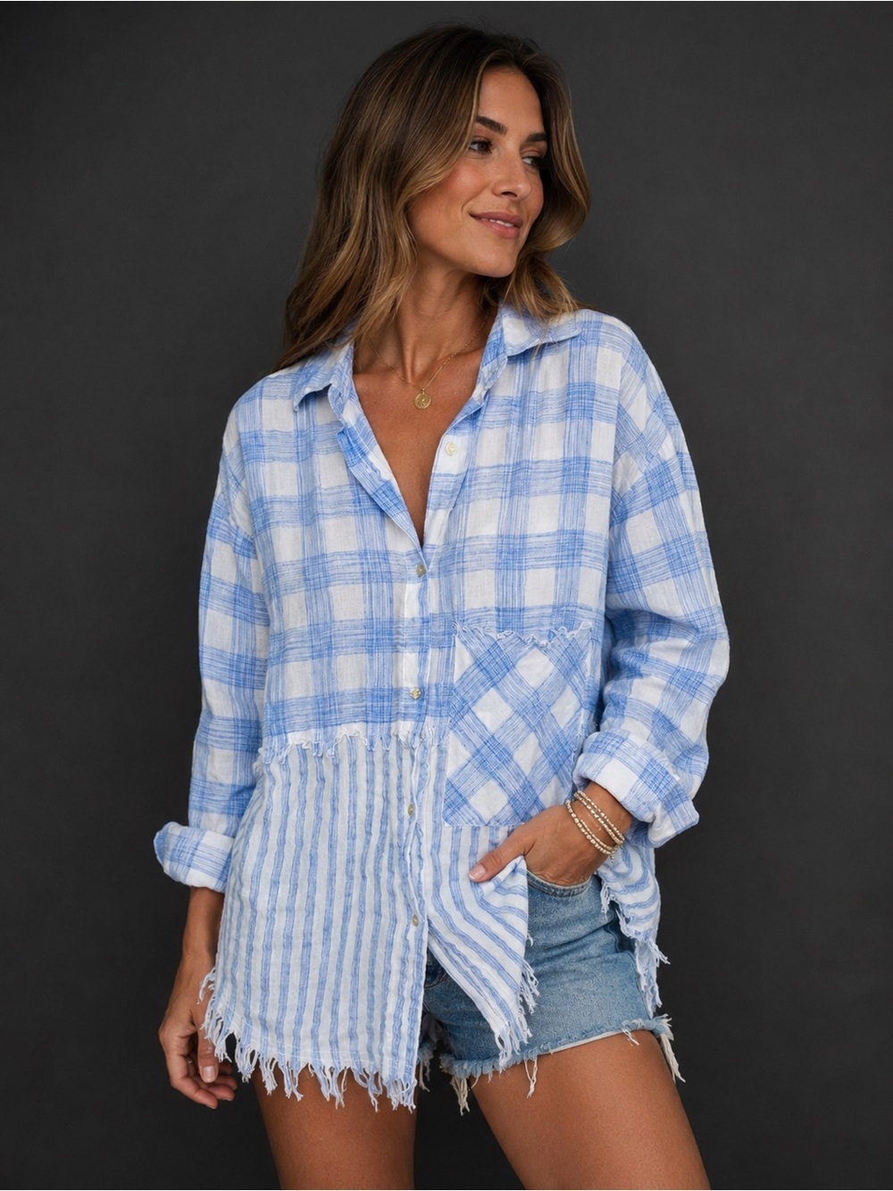 Entro Blue White Plaid Stripe Raw Hem Button Down Shirt Small Coastal Cowgirl